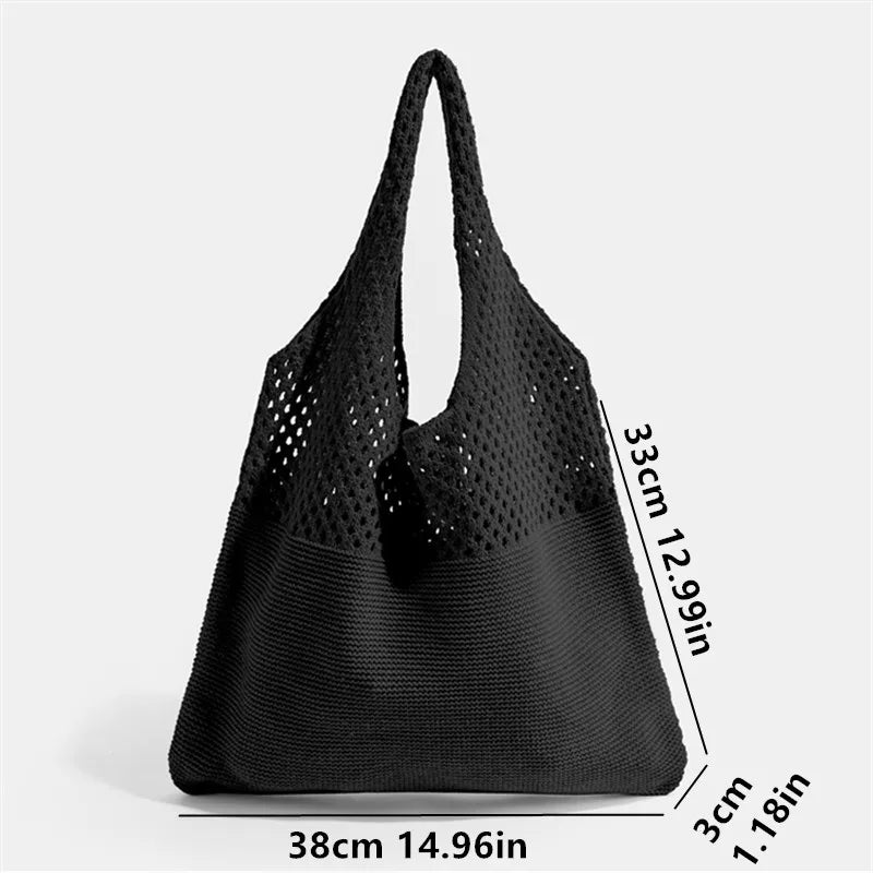 Hollow Out Knitted Handbag Shoulder Bag Solid Color Wool Knitting Bag Commuter Large Capacity