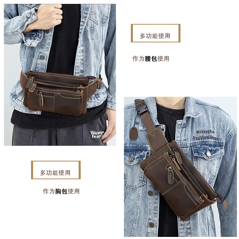 Chest Bag Retro Men S Leather Waist Outdoor Sports Cowhide Satchel Scooter Multi-Function Waterproof