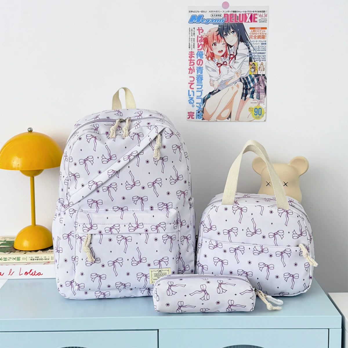 Elegant Sweet Bow Print Three Piece Backpack Set Nylon Lightweight Large Capacity Campus Commuting