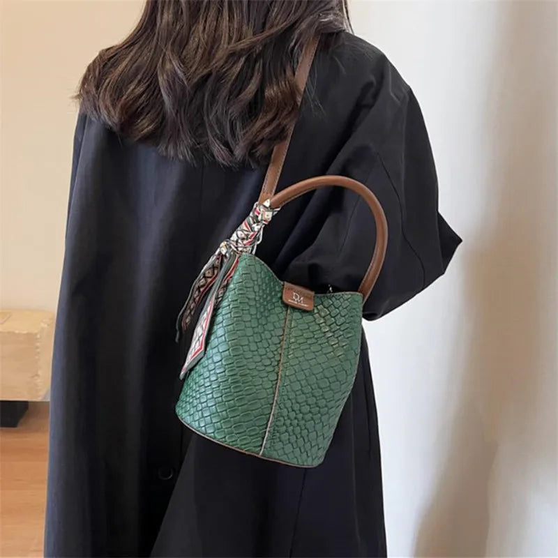 Stylish Women Bucket Tote Bag Solid Color Woven Effect Handbag Shoulder Crossbody Bag