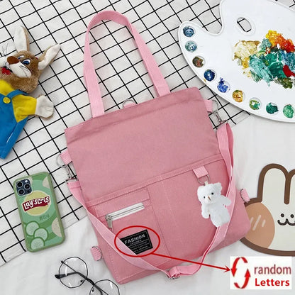 Cute Canvas Tote Bag Bear Pendant Stylish Bucket Crossbody Bag
