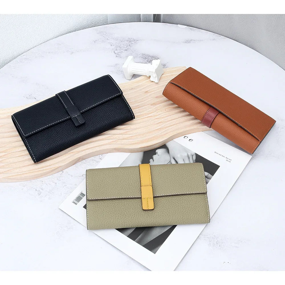 Color Contrast Long Purse Women Large Capacity Passport Position Mobile Phone Holding Bag Leather