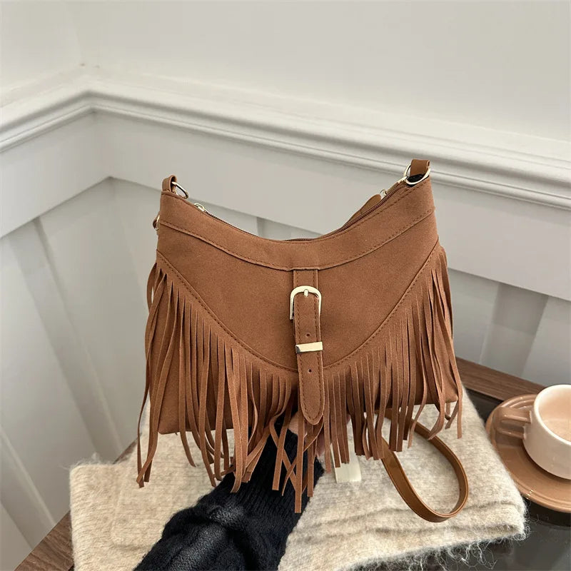 Suede Tassel Shoulder Bag for Women – Boho Fringe Crossbody