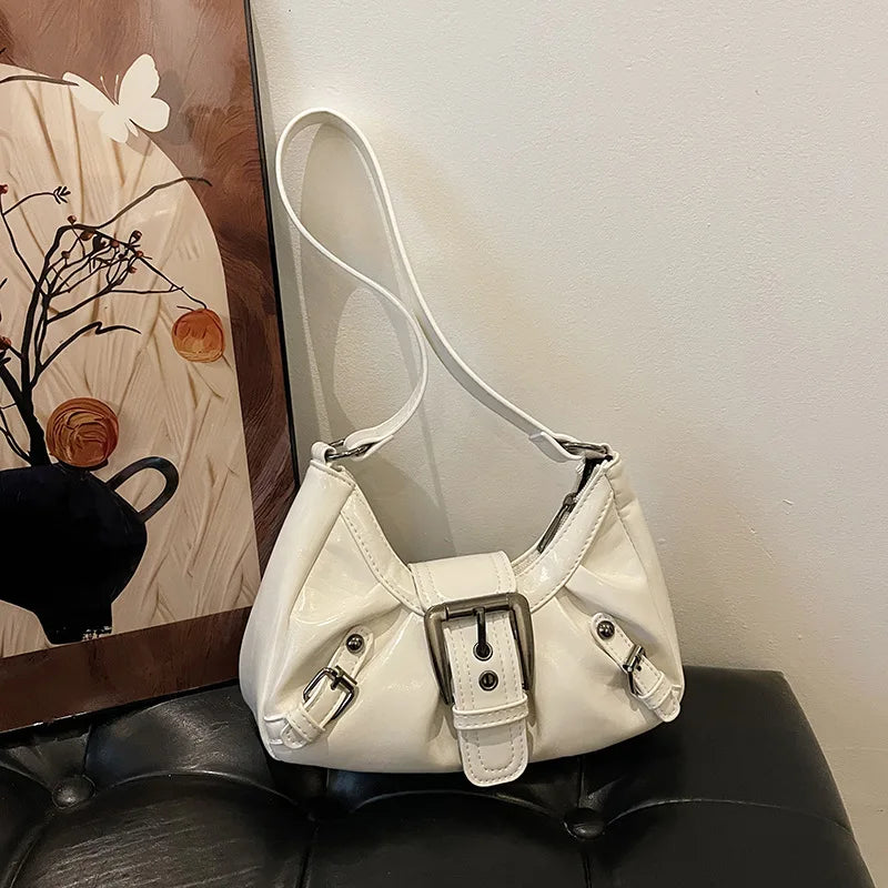 Simple Leather Shoulder Bag Big Metal Buckle Decor Side Strap Details Underarm Adjustable Wide Y2k