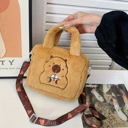 Capybara Plush Crossbody Bag – Cute Fluffy Animal Handbag for Women