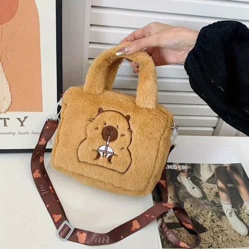 Capybara Plush Crossbody Bag – Cute Fluffy Animal Handbag for Women