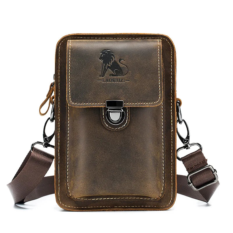Crazy Horse Leather Men Casual Wear Belt Mobile Phone Pocket Head Layer Cowhide Multi-Function