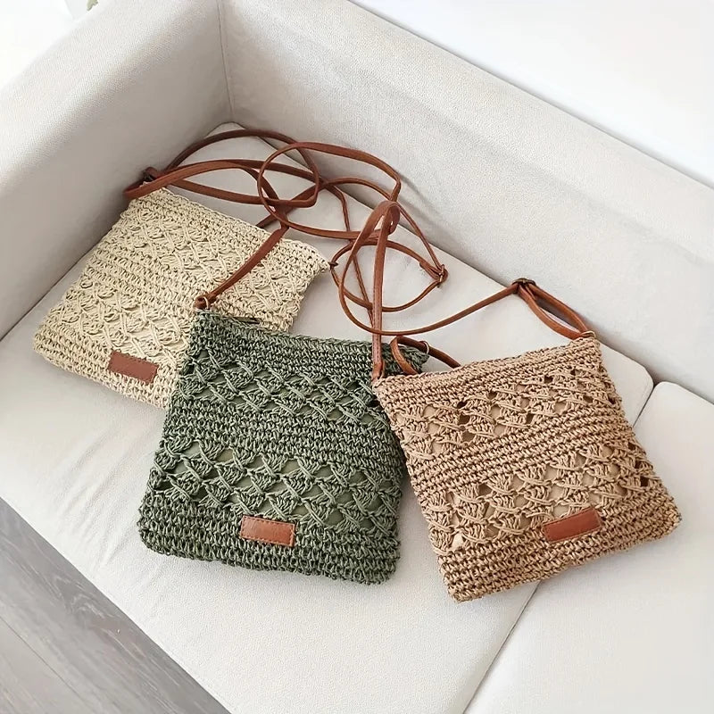 Handmade Paper Straw Crossbody Bag with Zipper & Leather Strap