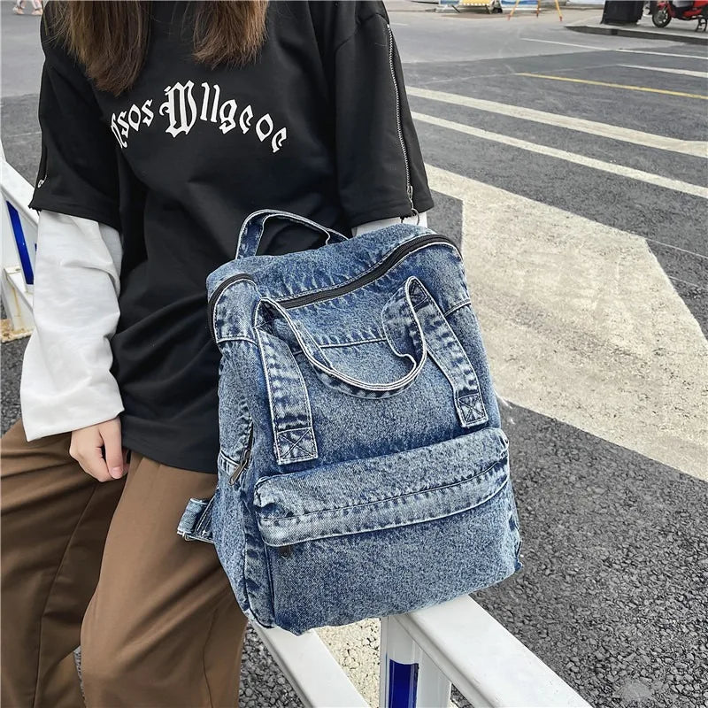 Retro Travel School Bag Students Daily Commute Vintage Washed Denim Backpack