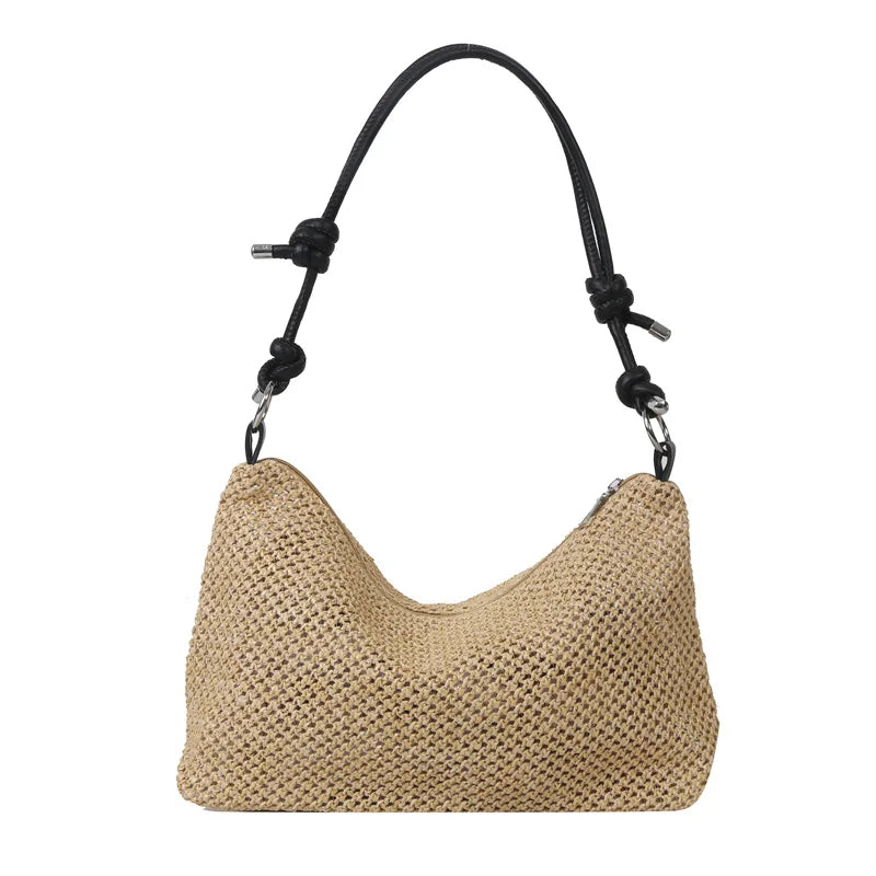 Straw Woven Shoulder Bag with Knotted Leather Handle
