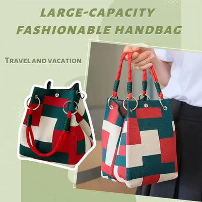 Color Block Tote Bag for Women – Lightweight Woven Handbag with Top Handle