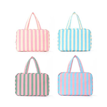 Portable Hanging Travel Toiletry Bag 4-Fold Hook Makeup Large Capacity Striped Cosmetic Purse Pouch