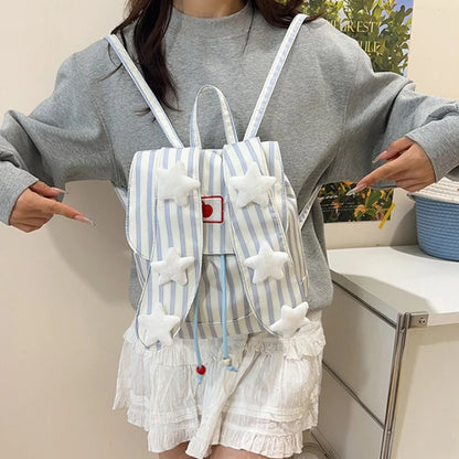 Cute Striped Drawstring Flap Large Capacity Backpack