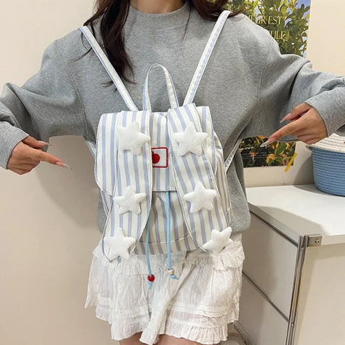 Cute Striped Drawstring Flap Large Capacity Backpack