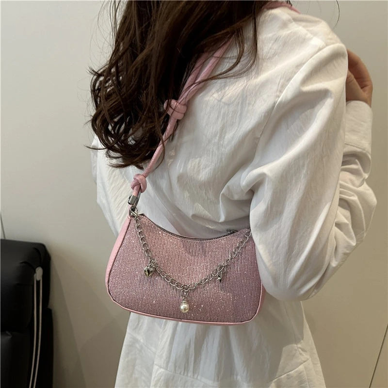 Glitter Half Moon Shoulder Bag with Pearl Chain Strap