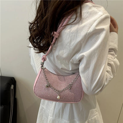 Sparkly Half Moon Underarm Bag with Chain & Pearl Charm