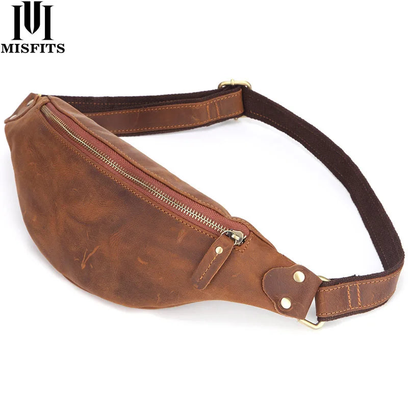 Men S Waist Bag Long Zipper Purse Diagonal Cross Chest Large Capacity Storage Real Leather