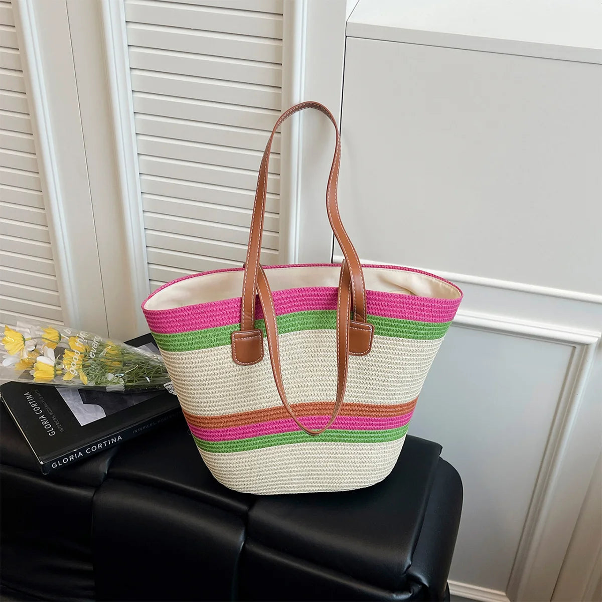 Vacation Beach Women Handbag Vibrant Color Stripe Tote Bag Woven Straw Large Capacity Shoulder