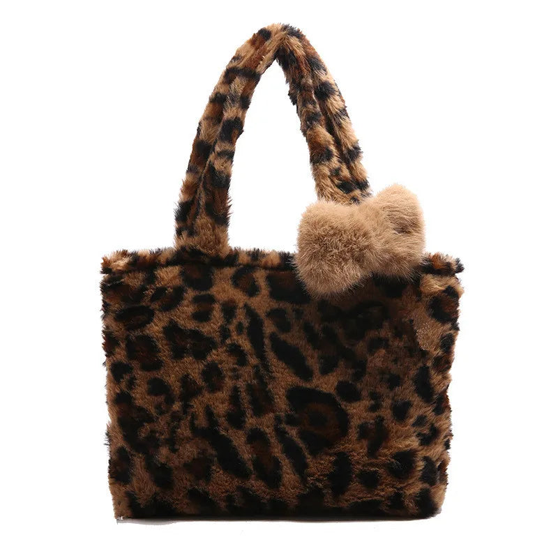 Leopard Print Fluffy Tote Bag – Y2K Faux Fur Shoulder Bag for Women