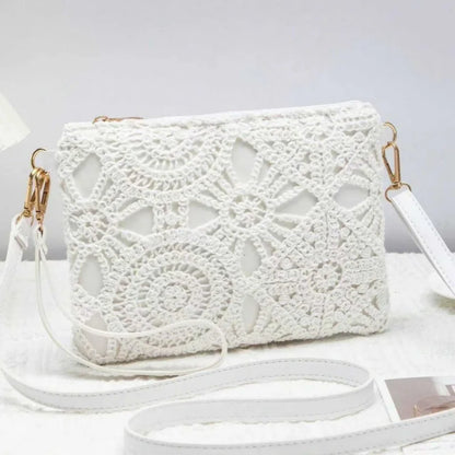 Crochet Bag with Hollowed Out Floral Design – Woven Straw Crossbody with Adjustable Strap