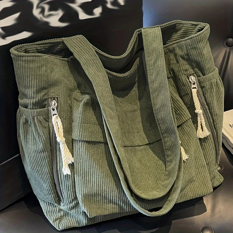 Corduroy Tote Bag Multiple Pockets Casual Chic Handbag Women Shoulder Bags Woman Perfect Shopping