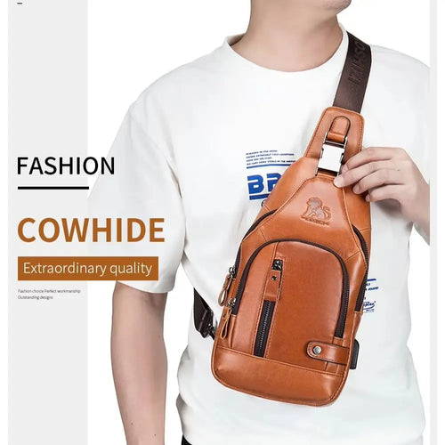 Leather Chest Bag Man Cross-Body Backpack Usb Multi-Function Large Capacity Front Satchel