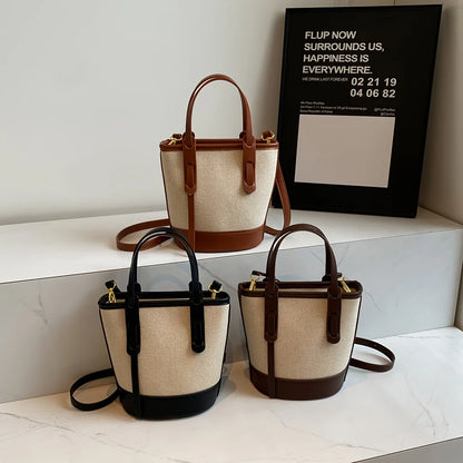 Two-Tone Canvas & Leather Bucket Bag for Women