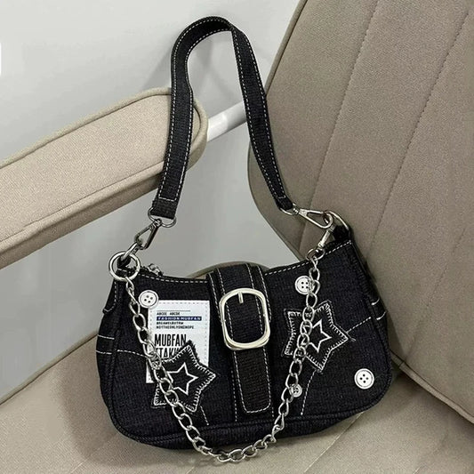 Y2K Star Denim Shoulder Bag – Vintage Canvas Underarm Purse