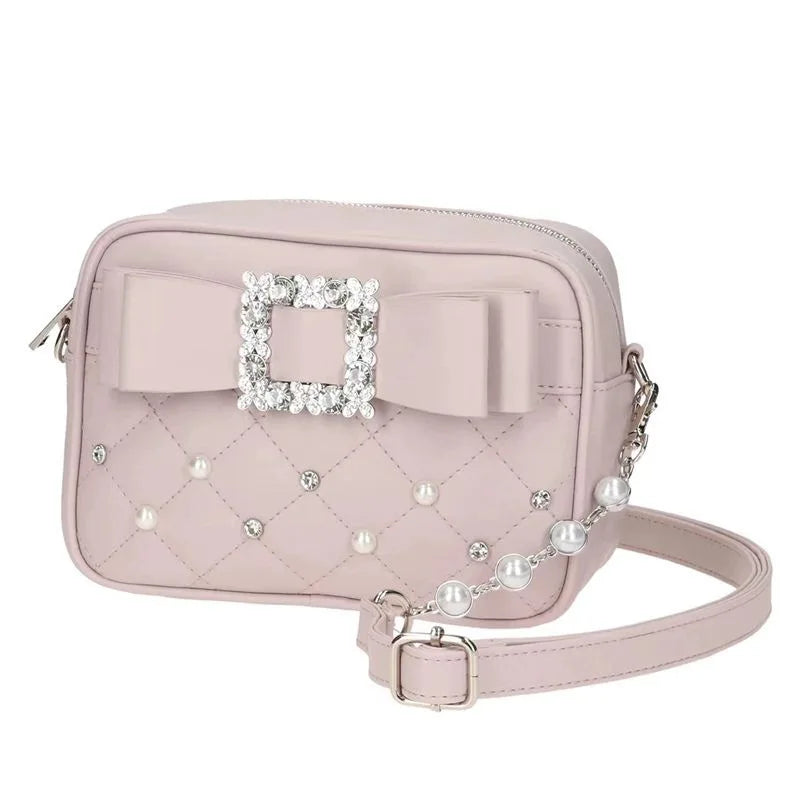 Sweet Knot Pearl Oulder Crossbody Bag Diamond Id Pattern Small Square Faionable Young Women Shoulder