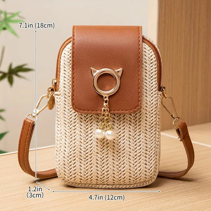 Mini Crossbody Phone Bag for Women – Cute Straw & Leather Boho Purse