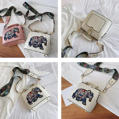 Elephant Embroidered Leather Crossbody Bag – Boho Satchel