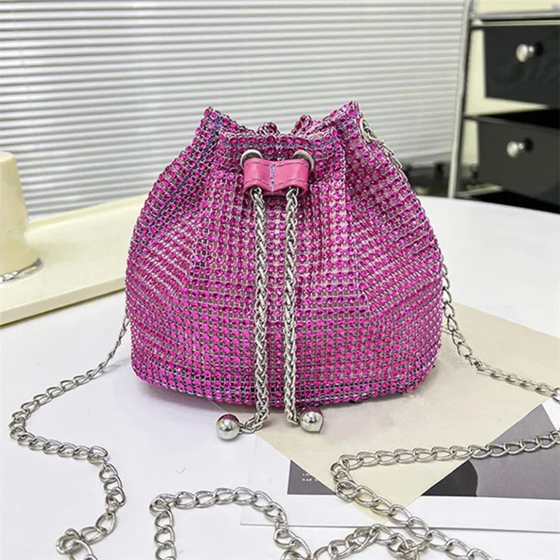 Rhinestone Drawstring Bucket Bag with Chain Strap