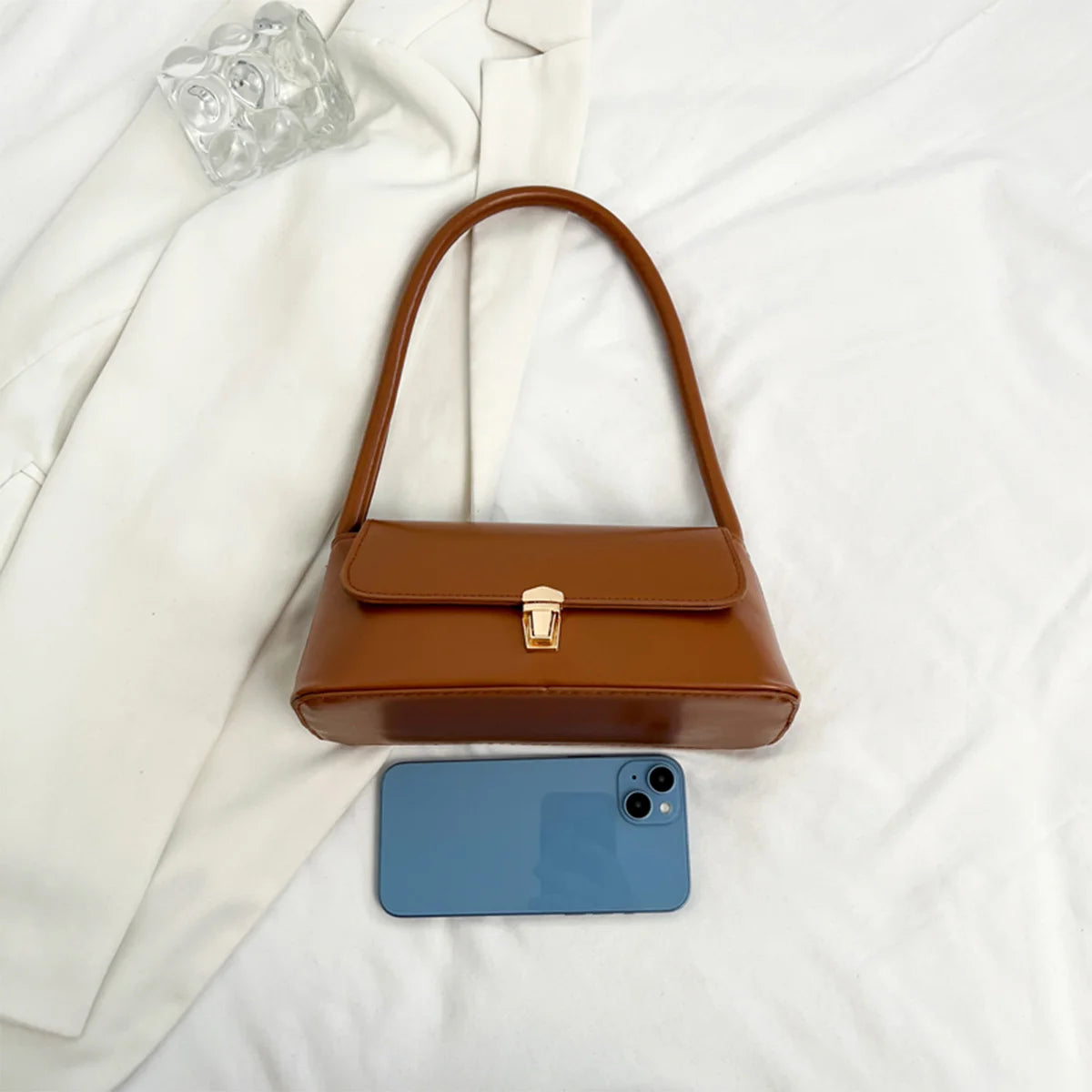 Spring Trendy Basics Underarm Bag Solid Color Pu Shoulder Metal Flap Handbag Commute Shopping
