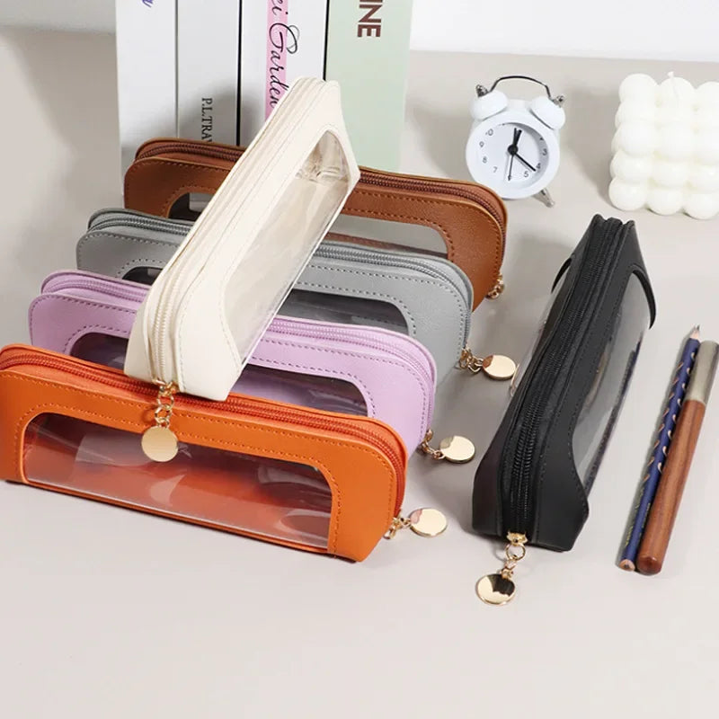 Pu Pencil Case Portable Waterproof Transparent Cosmetic Bag Zipper Makeup Brush Storage Sundries
