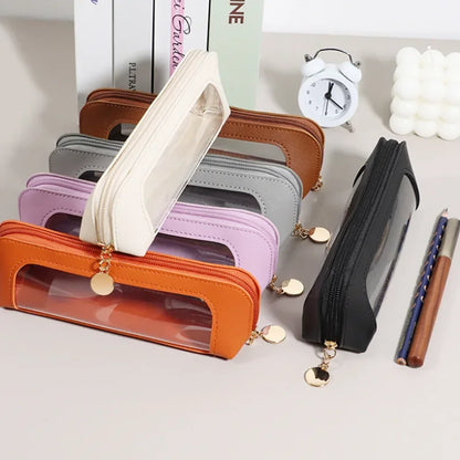 Pu Pencil Case Portable Waterproof Transparent Cosmetic Bag Zipper Makeup Brush Storage Sundries