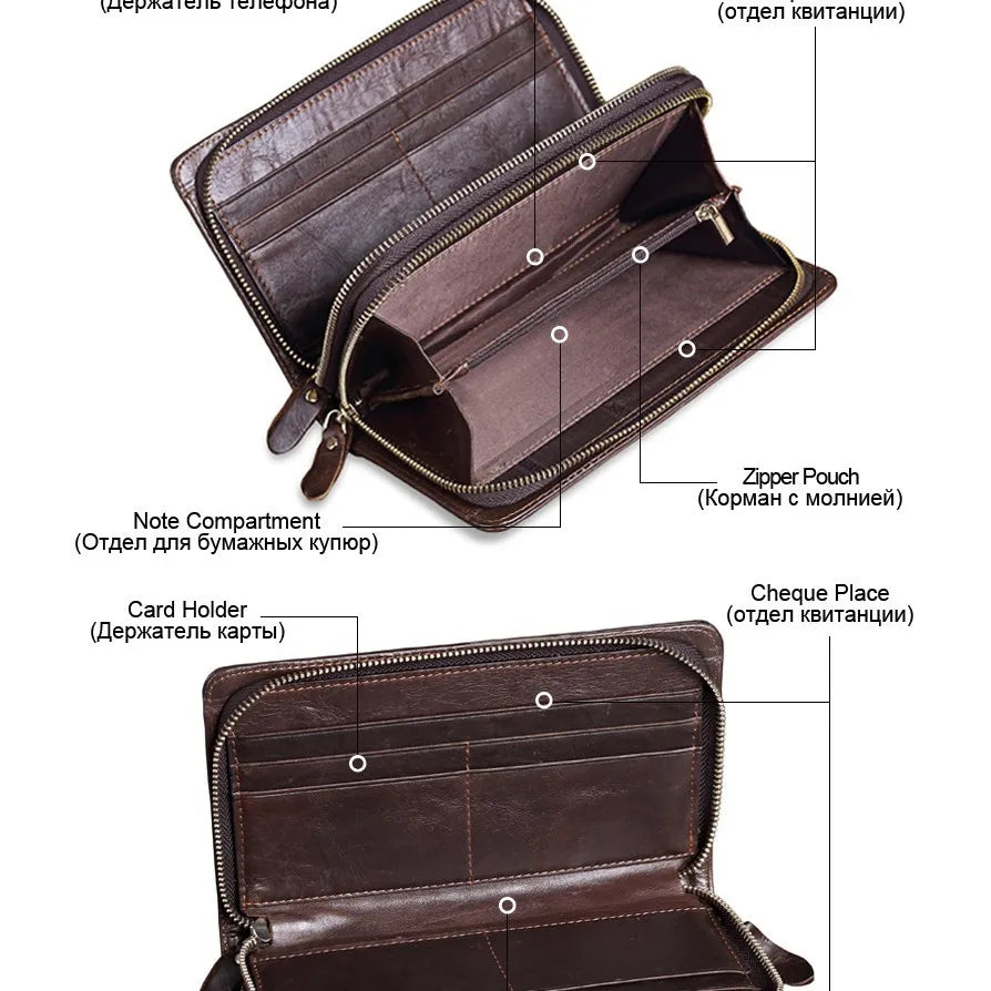 Men S Long Wallet Large Capacity Retro Real Leather Mobile Phone Storage Buckle Handheld Business
