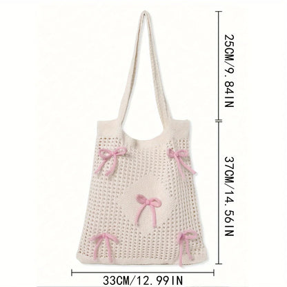 Crochet Tote Bag with Bow Accents – Preppy Knit Shoulder Bag