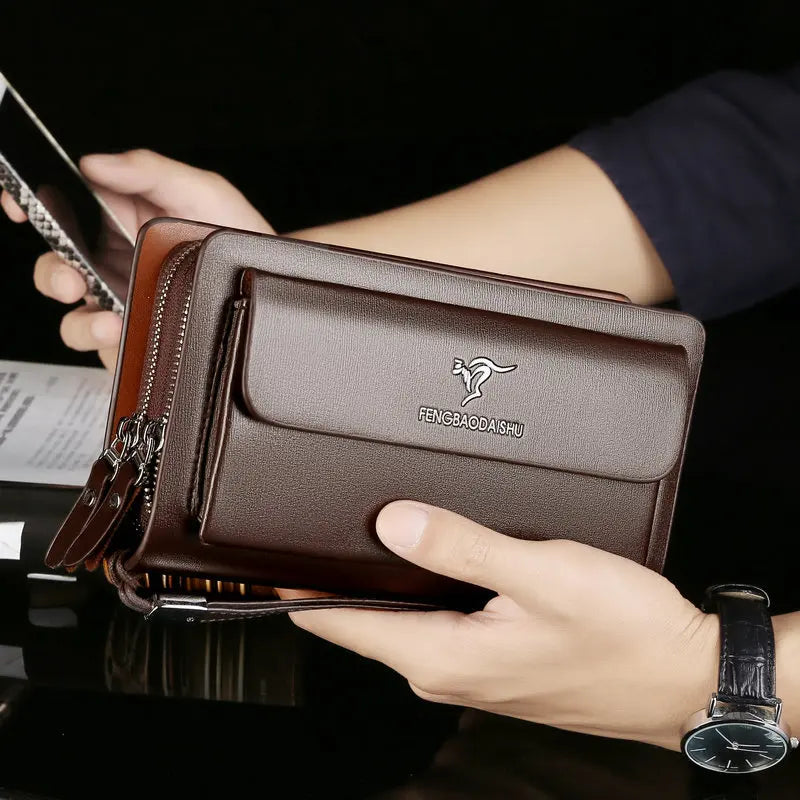 Male Handbag Business Wallet Double Zipper Large Capacity Mobile Phone Multi-Card Multi-Function