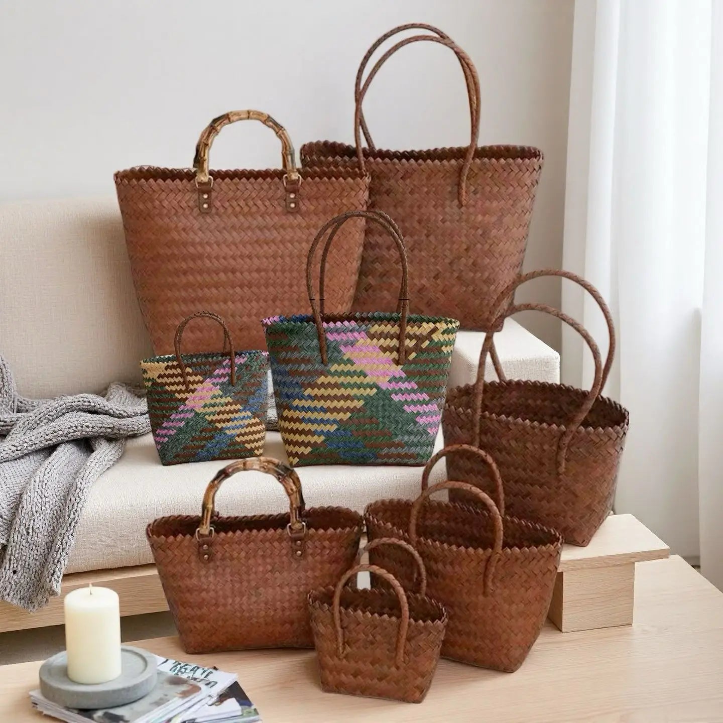 Handwoven Straw Tote Bags Multi Size Natural Woven Basket Bag Handbag Bamboo Handles Women Bohemian