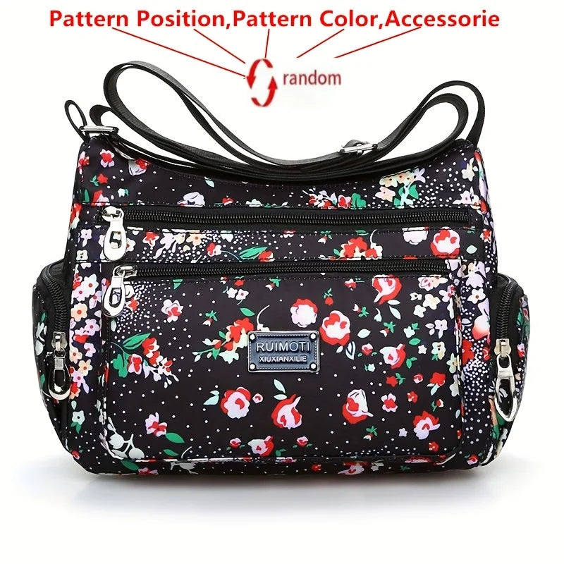 Floral Crossbody Bag for Women – Multi-Pocket Nylon Shoulder Bag