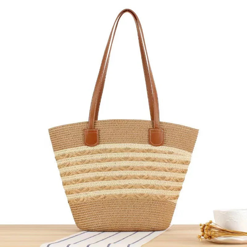 Summer Beach Casual Handbag Shoulder Bag Women Striped Straw Tote Bags Leather Handles