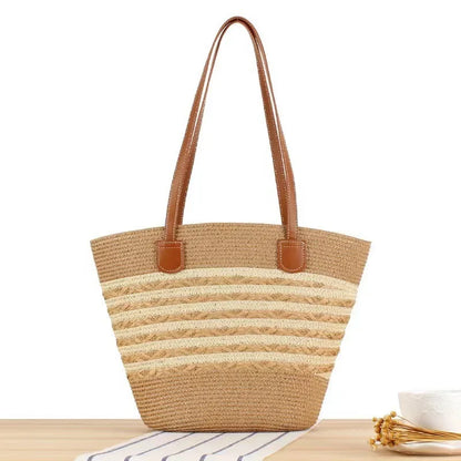 Summer Beach Casual Handbag Shoulder Bag Women Striped Straw Tote Bags Leather Handles