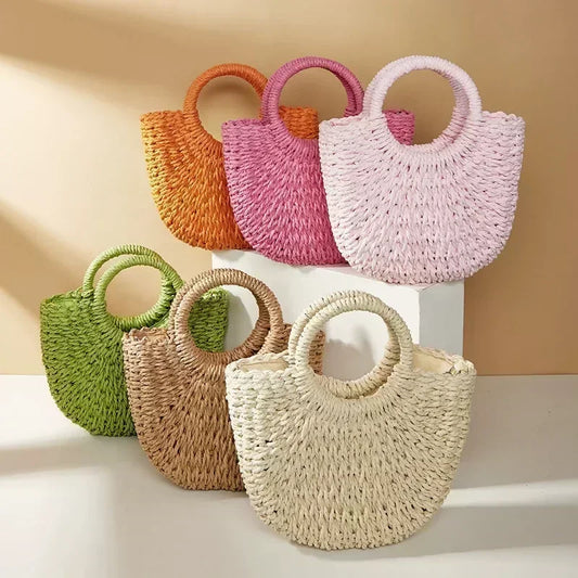 Woven Straw Crossbody Bag – Women's Summer Hollow Tote with Round Handle
