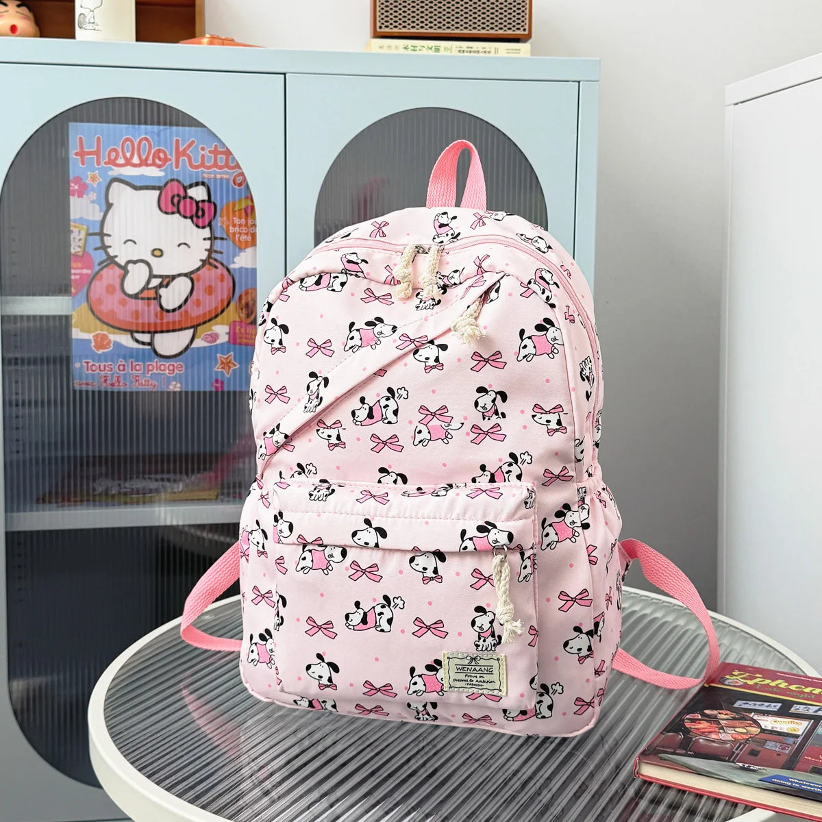 Fresh Age Reducing Cartoon Animal Bow Print Student Backpack Nylon Lightweight Large Capacity Casual