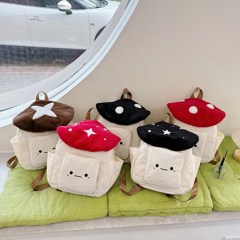 Cute Mushroom Kids Backpack – Soft Corduroy Plush Toadstool Bag