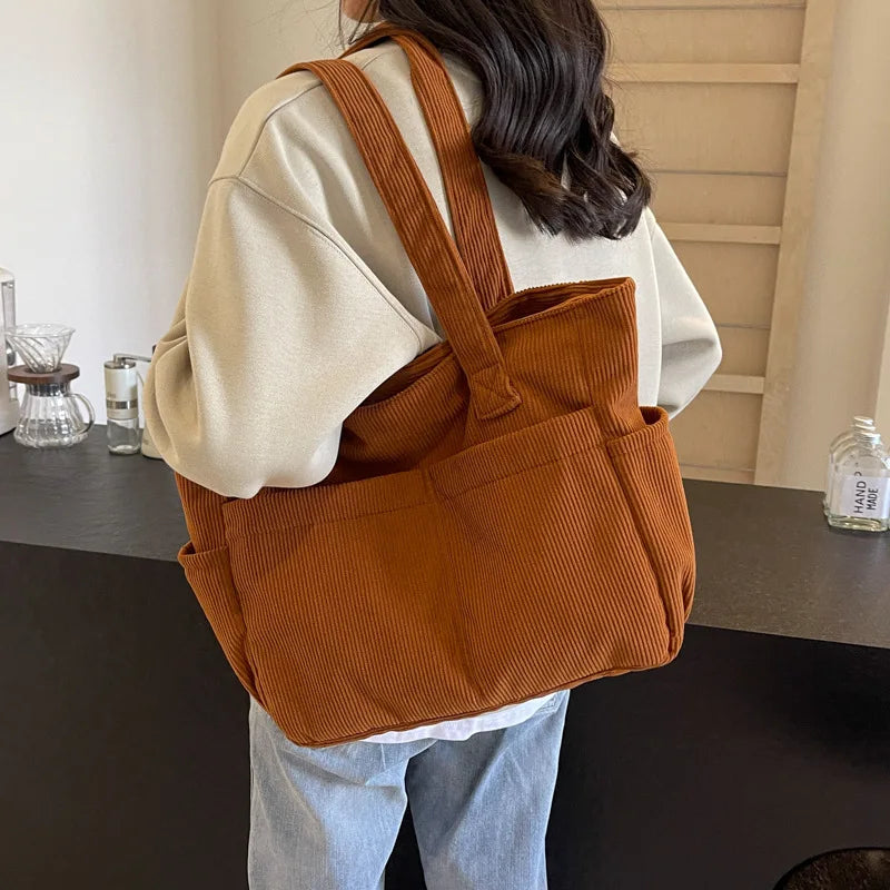 Corduroy Tote Bag – Large Shoulder Handbag for Women
