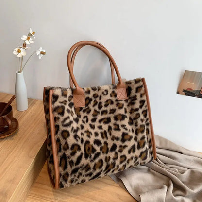 Plush Tote Bag Women's Fuzzy Handbag with Leather Trim