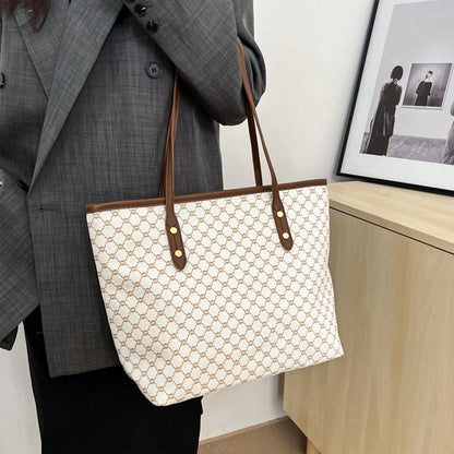 Luxury Vintage Women Shoulder Bag Monogram Print Rivet Pu Leather Tote Large Capacity Zipper Handbag