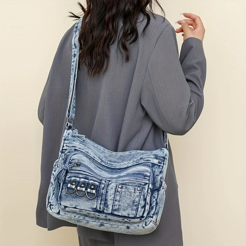 Denim Shoulder Bag for Women – Vintage Washed Multi-Pocket Crossbody