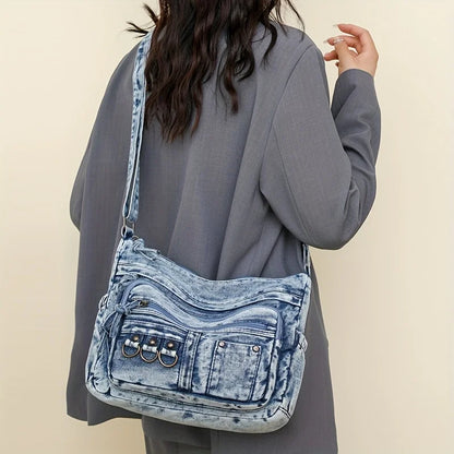 Denim Shoulder Bag for Women – Vintage Washed Multi-Pocket Crossbody